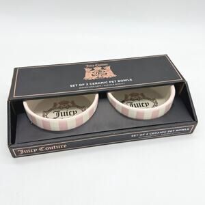 Juicy Couture Pet Bowl Set Rose Pink & White Stripe 2 16 oz Bowls Dog Cat NEW